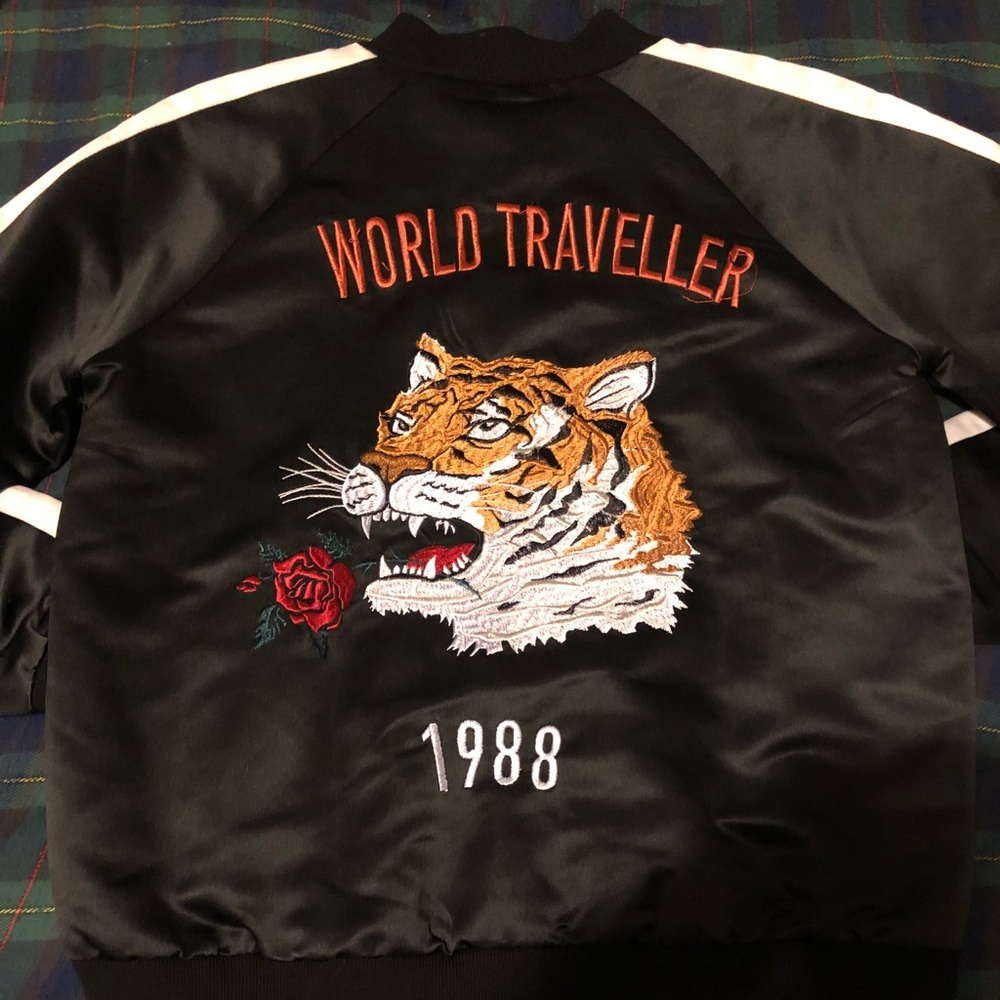 Tiger embroidered satin bomber jacket
